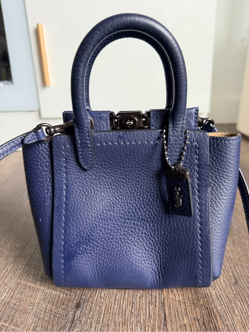 Coach Navy Pebbled Leather Mini Tote with Top Handle